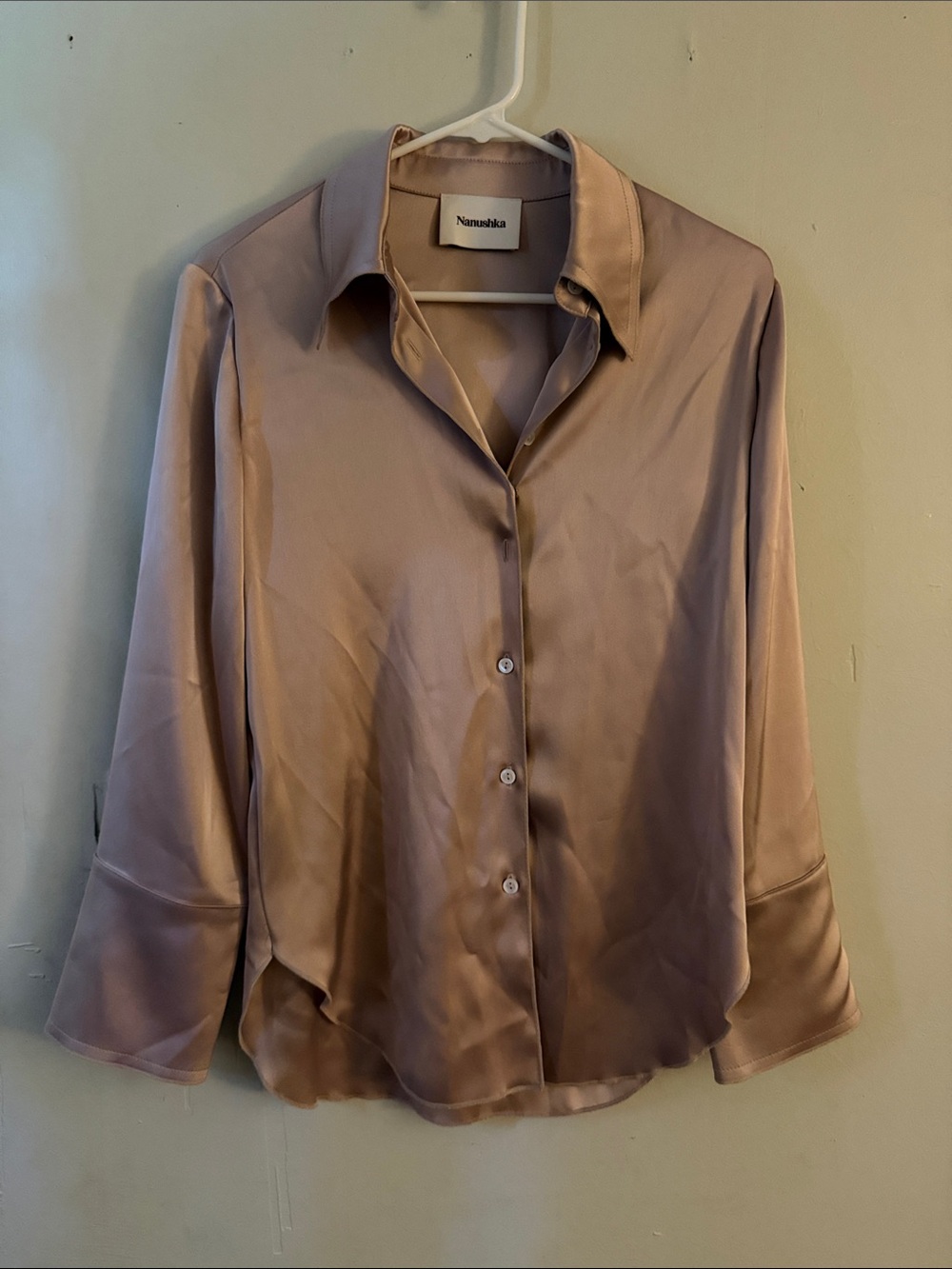Nanushka Satin Button-Up Blouse in Dusty Taupe